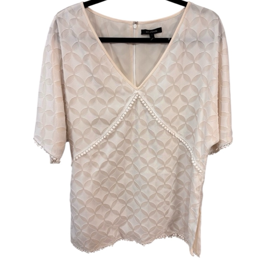 St. John Cream White Geometric Short Sleeve V-Neck Tunic Blouse - Sz Small EUC